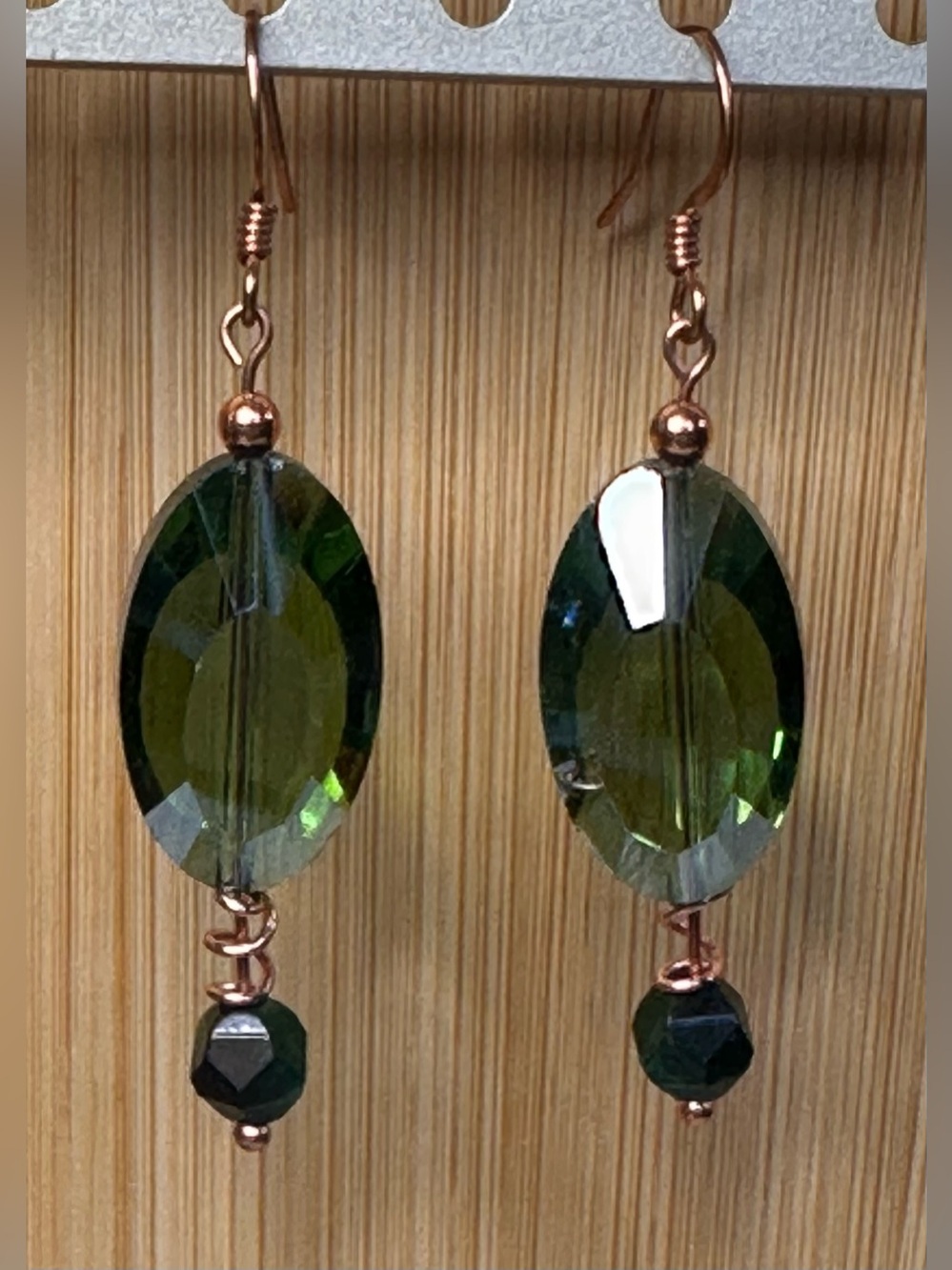 Green Vintage Glass Drop Earrings Copper Findings - Bespoke Handmade